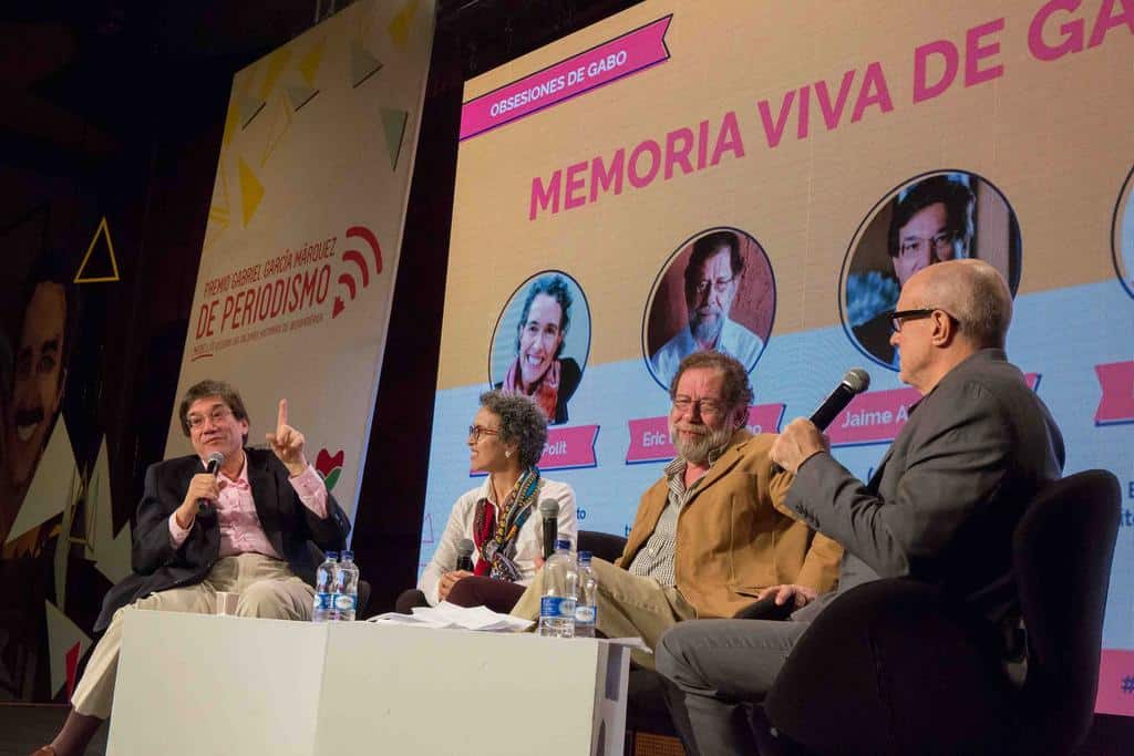 Charla 'Memoria viva de Gabo', con Gabriela Polit (Ecuador), Eric Nepomuceno (Brasil) y Jaime Abello Banfi (Colombia) en conversación con Héctor Feliciano (Puerto Rico). Foto: David Estrada Larrañeta /FNPI